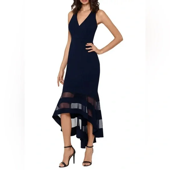 ❤️XSCAPE Womens Navy Zippered Sleeveless V Neck Midi Cocktail Mermaid Dress - Picture 3 of 9